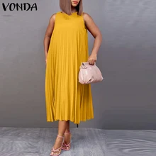

VONDA 2022 Spring Lady Round Neck Sleeveless Sundress Tank Dress A-Lined Pleated Sundress Oversized Women Casual Solid Vestidos