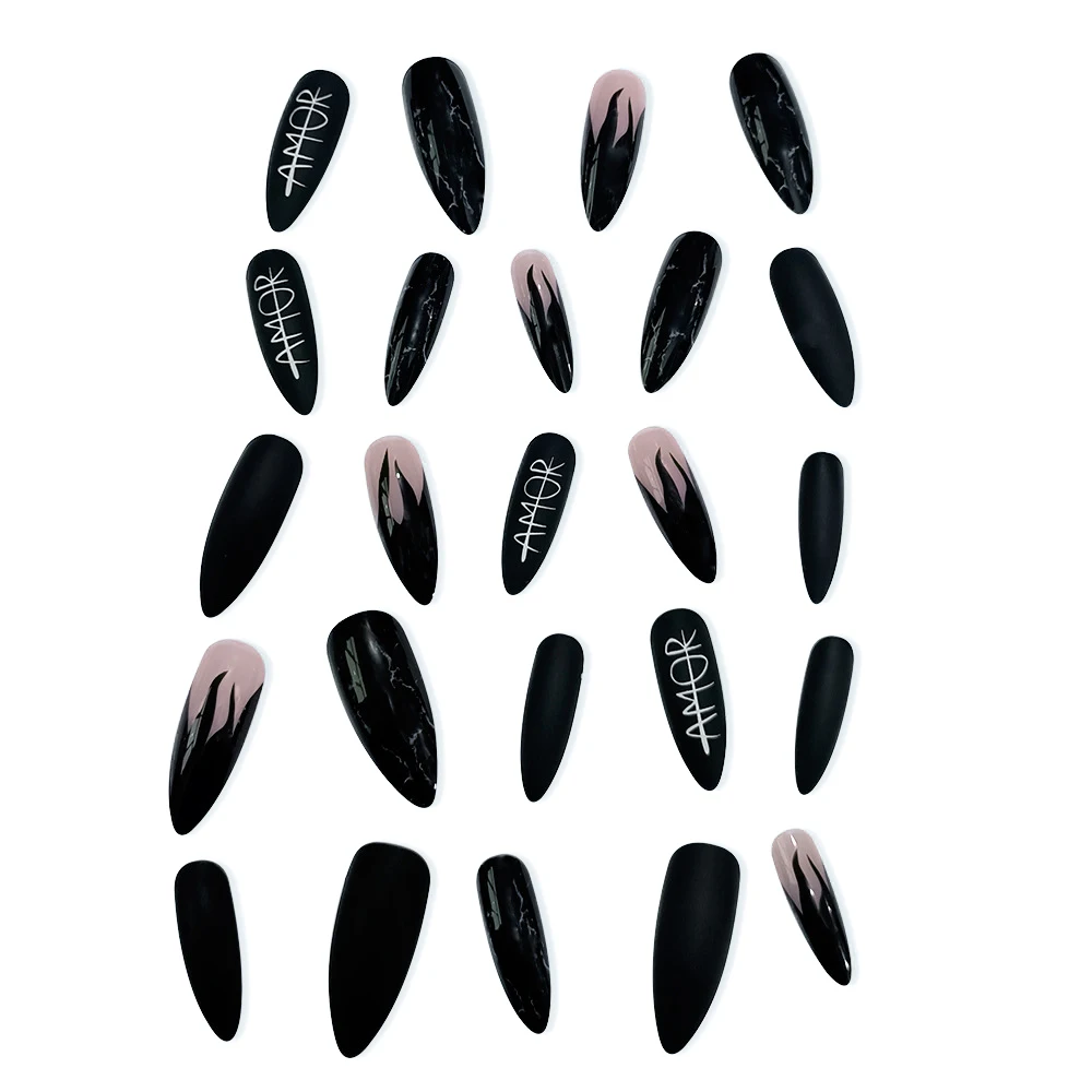 24 Pcs Matte Long Almond Press On Nails Black Monogram Pattern Gradient Fake Nails Artificial Finger Manicure False Nails