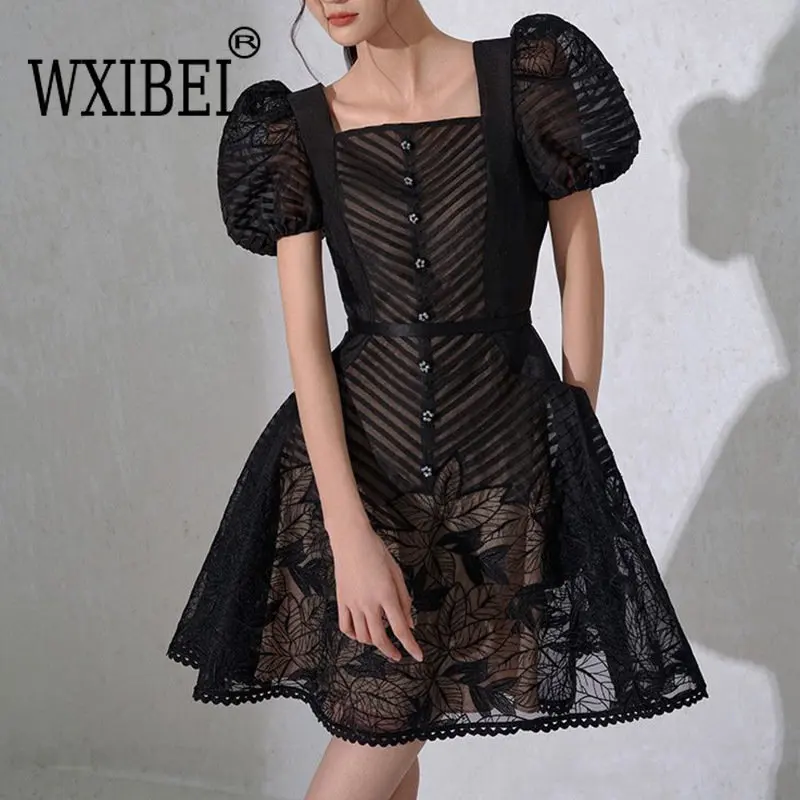 

WXIBEI Mesh Splicing Hollow Out Dress Women's 2023 Summer New Niche Designer Square Neck Puff Sleeve High Waist Dresses FC647