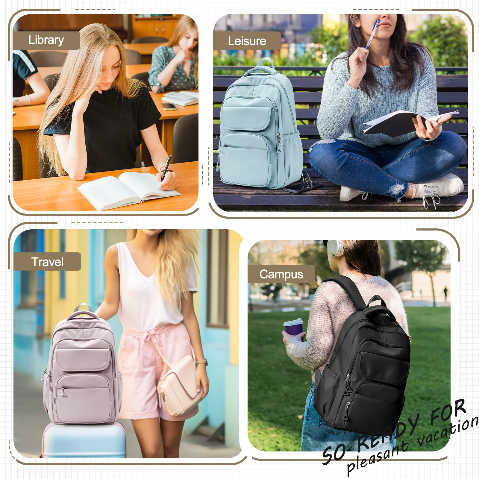 Water-Resistant School Backpack Nylon Casual Youth Lightweight Bags Adjust Strap Girls Bookbag Zipper Student Laptop Schoolbag