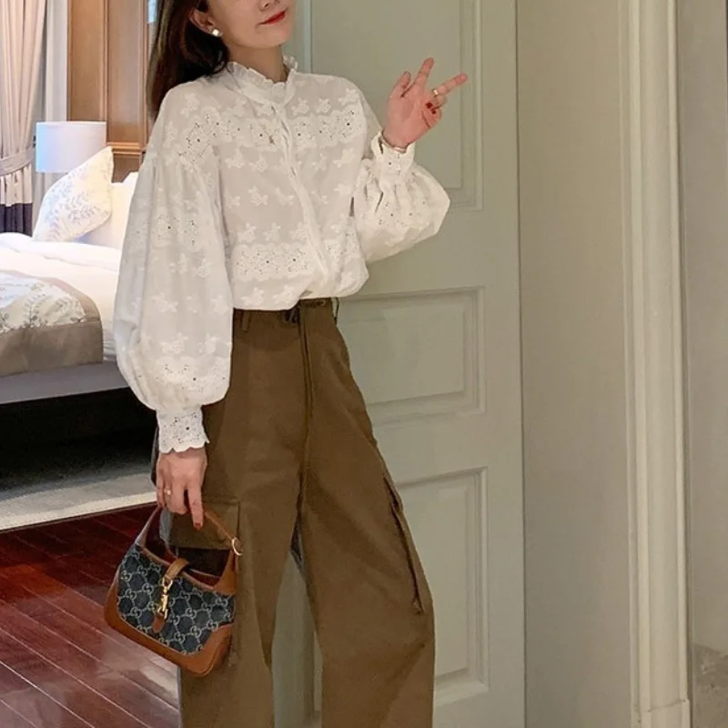 2023 Summer New Solid Color Printed Loose Long Sleeve Round Neck Spliced Button Casual Fashion Versatile Trendy Women's Shirt
