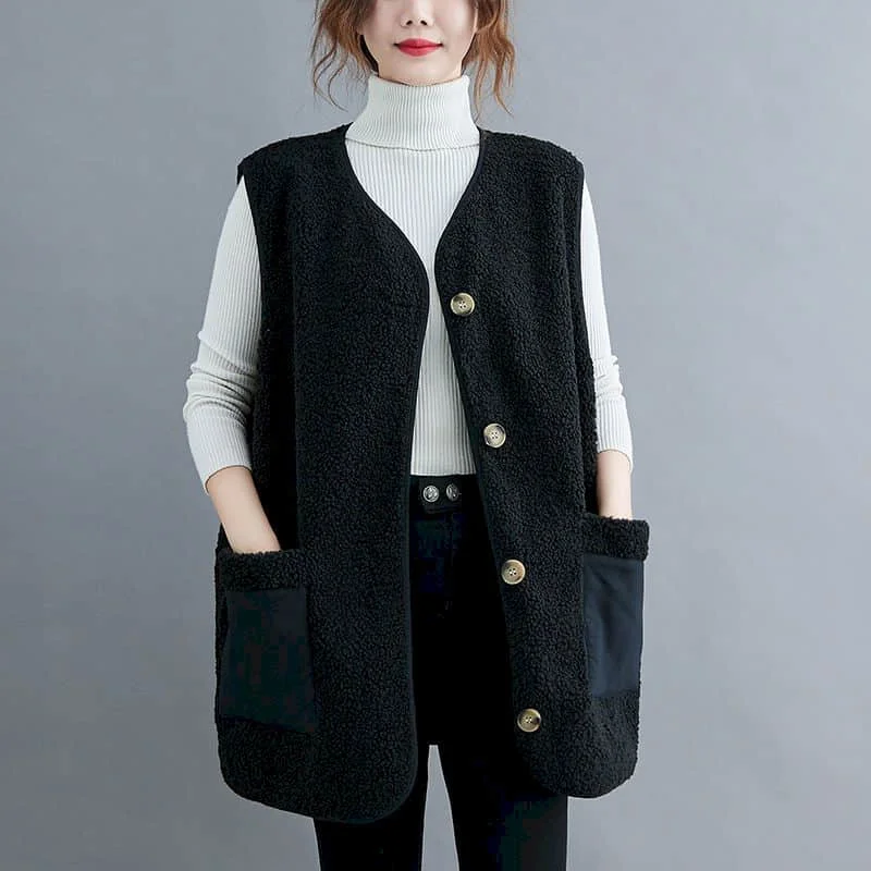 

Fleece Waistcoats for Women Mid-length Plush Vests V-neck Casual Sleeveless Cardigans Oversized Winter Jackets Loose Women Tops
