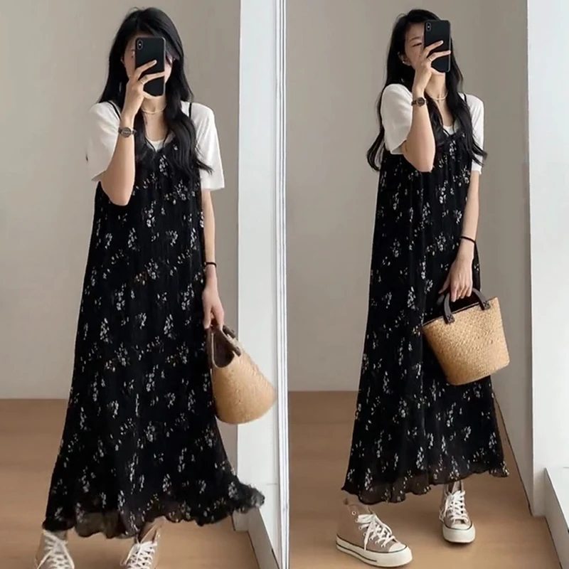 Summer Maternity Dress Suits Short Sleeve White Top Floral Strap Dress Twinset Pregnant Woman Clothes Set for Holiday