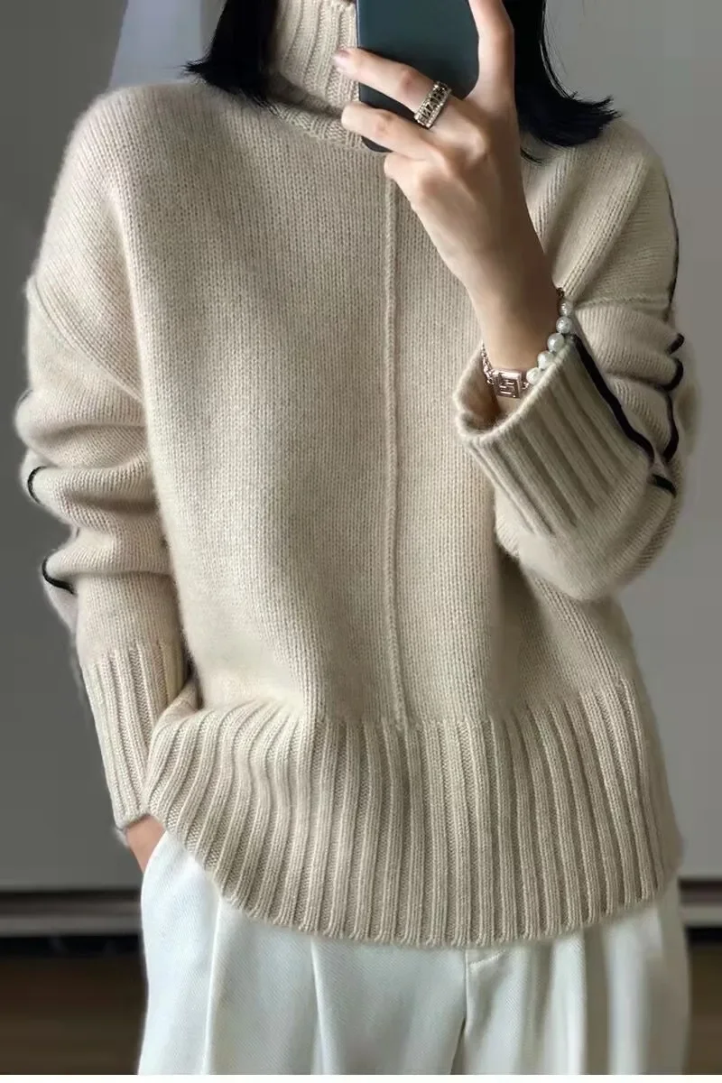 여성용 순수 캐시미어 터틀넥 스웨터 루즈핏 두꺼운 바닥 풀오버 컬러 매치 가을, 겨울을위한 유럽 스타일