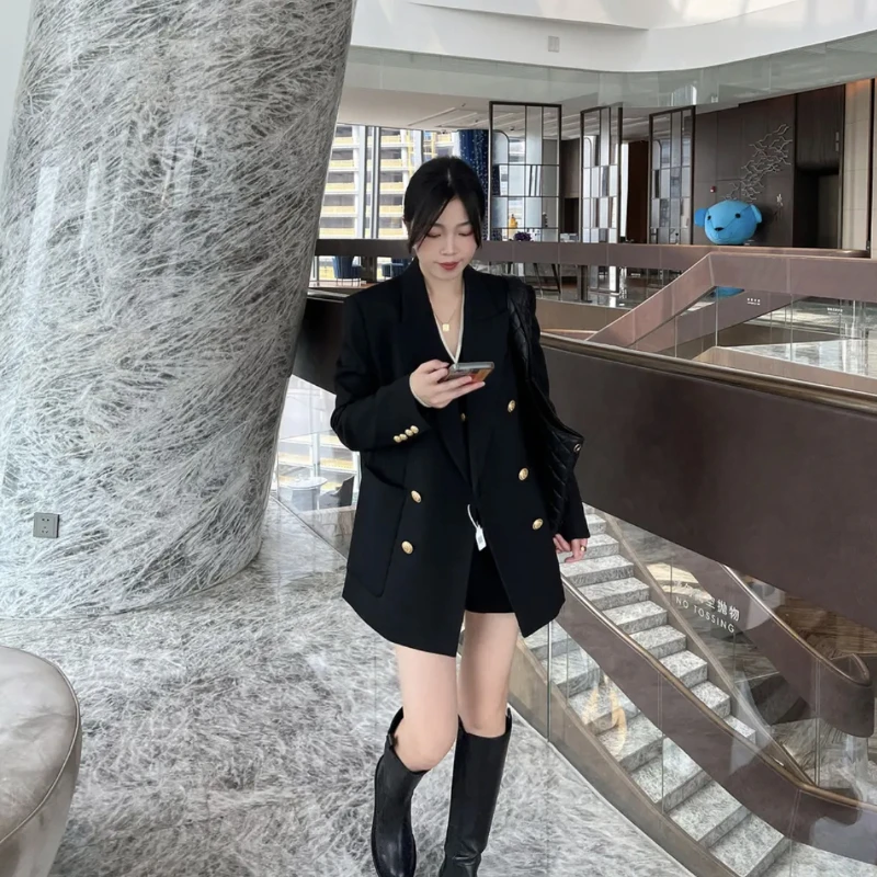 

Куртка-блейзер UNXX с длинным рукавом, двурядный пиджак с золотыми пуговицами в винтажном стиле, свободная повседневная куртка, осень 2023, женские топы Y2k