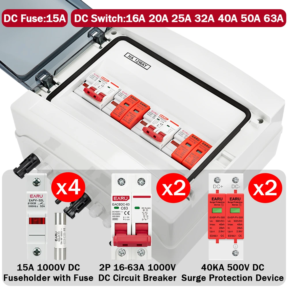 Scatola combinatrice solare fotovoltaica IP65 2 stringhe 2 ingressi 2 uscite 500 V CC. Scatola di distribuzione impermeabile con interruttore automatico fuori rete - immagine 3