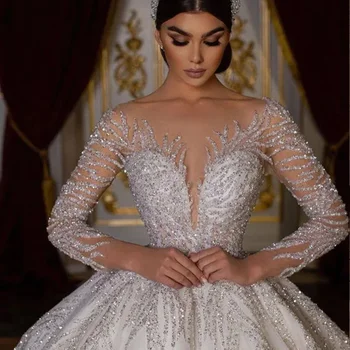 Abito da sposa personalizzato con abito da ballo Abito da sposa di lusso con scollo a O e perline Abiti da sposa lunghi fino al pavimento lucidi Vestido De