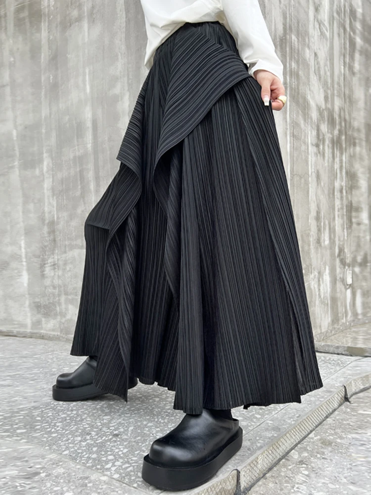 EAM Black Pleated Irregular High Elastic Waist Wide Leg Pants New Loose Trousers Women Fashion Tide Autumn 2026 30A2833