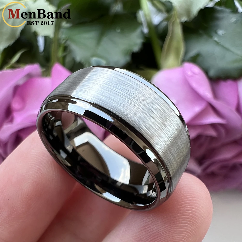 MenBand Large Mens 10MM With Stepped Bevel Edges And Flat Brushed Finish Tungsten Carbide Wedding Ring Comfort Fit Size 7-15