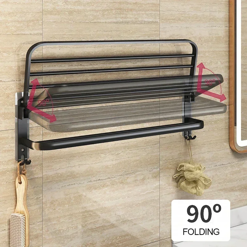 Bathroom towel rack matte black foldable perforated free bracket wall-mounted storage rack 50/60CM