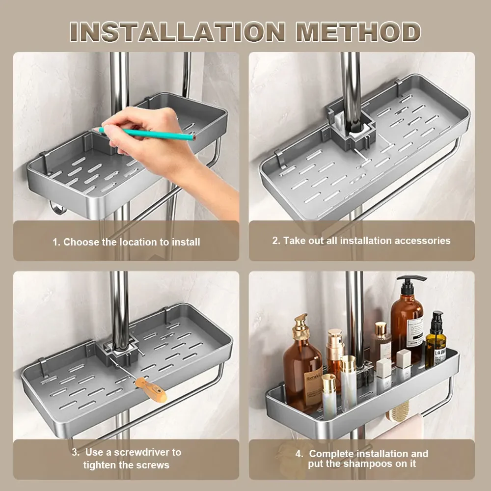 Aluminum Shower Shelf with Towel Rack Bathroom Shelf Without Drilling Soap Shampoo Holder Shower Tray Bathroom Organizer 6