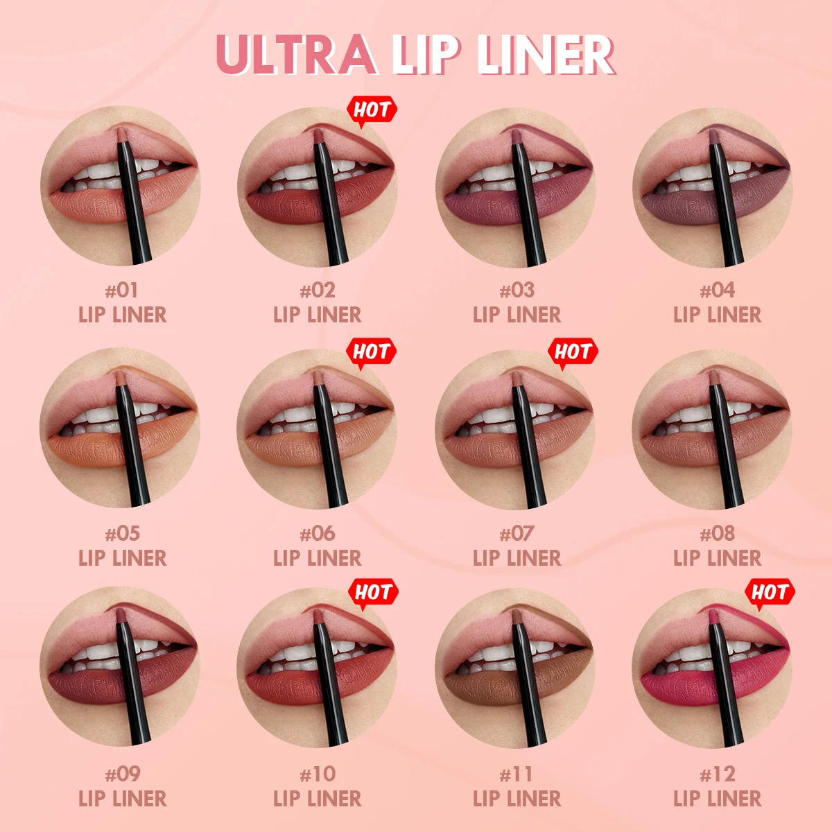 12 Colors Lip Liner , Matte Dewy Finish Long Lasting Waterproof Smudge Proof Lip Liner 3