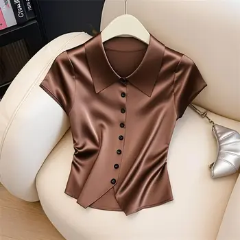2025 Summer New Fashion Temperament Buttons Solid Color Shirts Ladies Fashion Turn-down Collar Short Sleeve Blouse Women Clothes 1