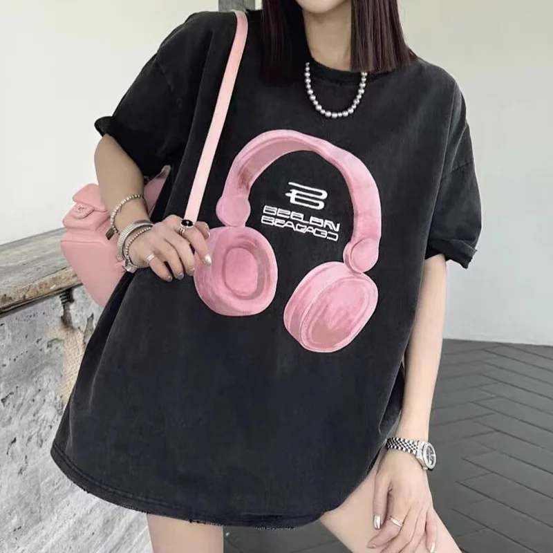 

Trend Streetwear Ladies Tops Summer Loose Cotton Short Sleeve Pullovers Straight Women's Clothing Mid Length Version T-Shirts