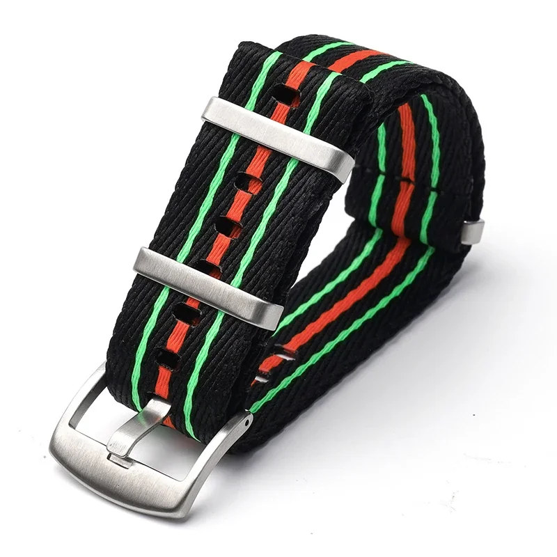 Striped Woven Nylon Watch Band with Stainless Steel Buckle, 20mm & 22mm