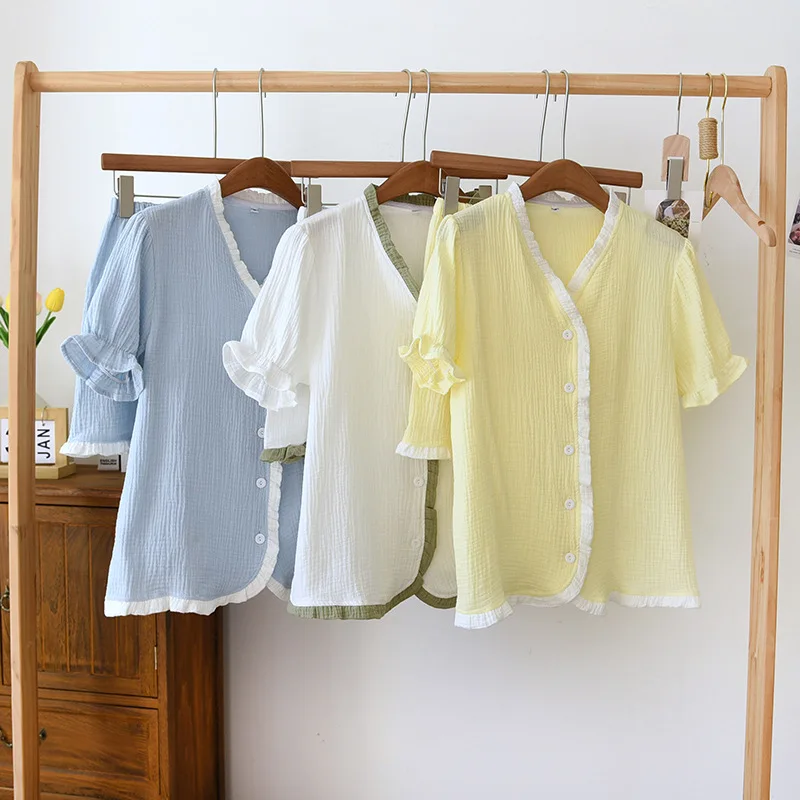

2024 Summer New Women's Pajama Set 100% Cotton Short Sleeve Shorts Solid Color Auricularia Cute Thin Large Home Suit Two Pieces