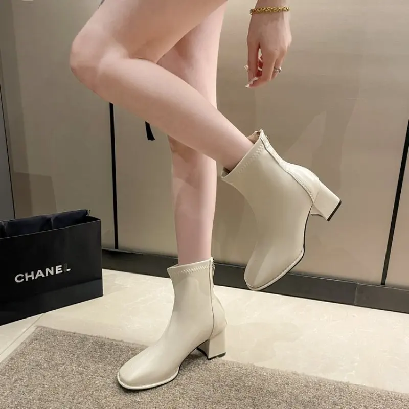 2023 Ankle Boots for Women Square Toe Fashion Shoes Autumn Winter Short Boots Zipper Square Heels Comfortable Lady Casual Shoes