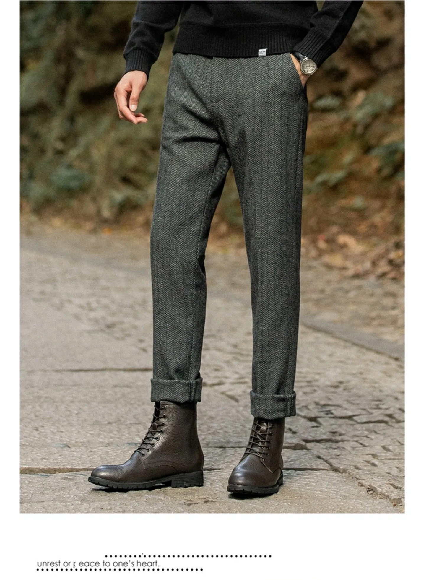 Herrenhose aus Wolle für Herbst und Winter, großes Fischgrätenmuster, britische Retro-amerikanische Freizeithose aus Haremwolle mit geradem Bein – Detail 10