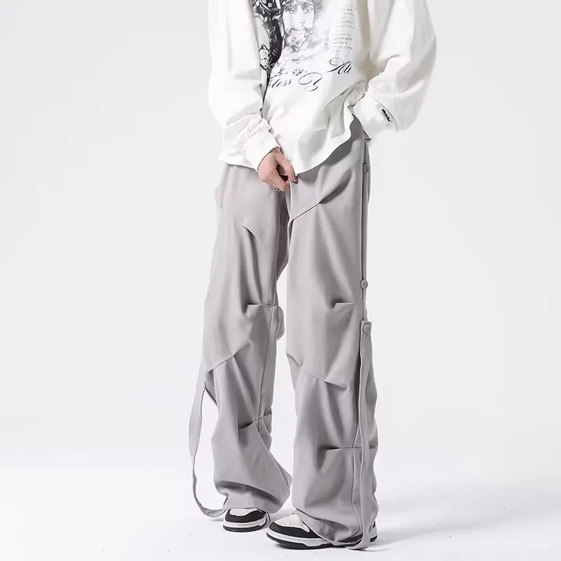 Y2K Casual Women Wide Leg Elastic Waist Pants 2024 Autumn Korean Streetwear Oversized High Waist Joggers Grey Pleated Trousers