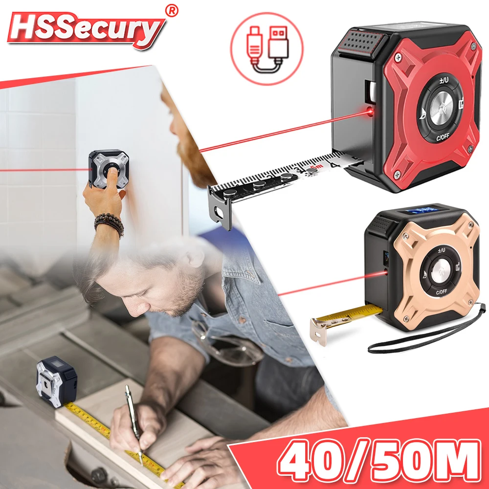 50M Laser Tape Measure Distance Meter Stainless Digital Retractable Roll Cord Rangefinder Woodworking Laser Measuring Tool