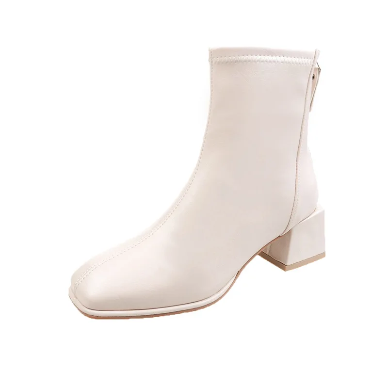 

Brand Square Toe Short Boots Women's 2022 Autumn and Winter New Plus Velvet Square Heel Boots Rear Zipper Thin Boots Women
