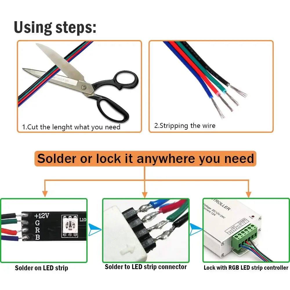 

1m 2m 3m 5m 10m 20m 100m RGB LED Strip Power Cord Extension Wire With Needles For 2835 5050 12V DC 4PIN RGB Extension Cable1m 2