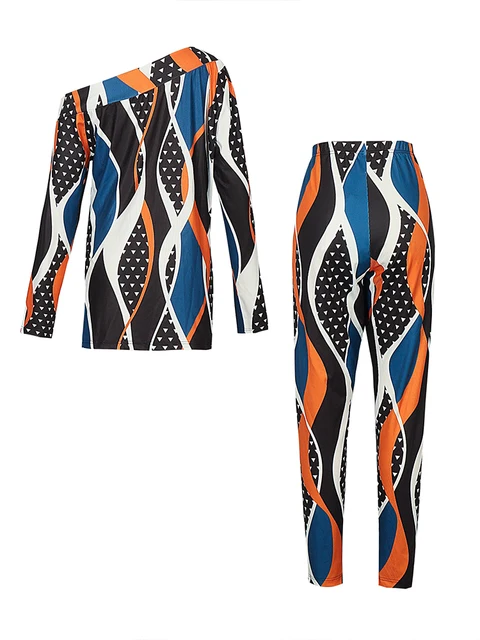 Ensemble pantalon à motif irrégulier pour femme, col incliné, haut à manches longues, taille élastique, grande taille, automne, hiver, nouveau, 2023 3