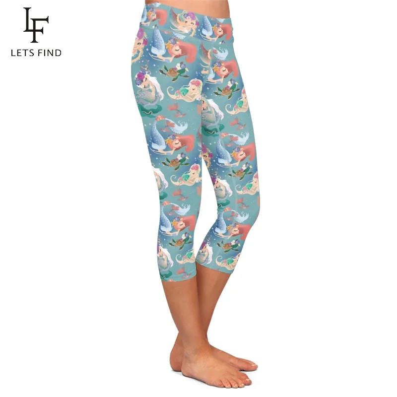 Summer Fashion High Elastic High Waist Women Capri Leggings Mermaid Print  Mid-Calf 3/4 Stretch Leggings