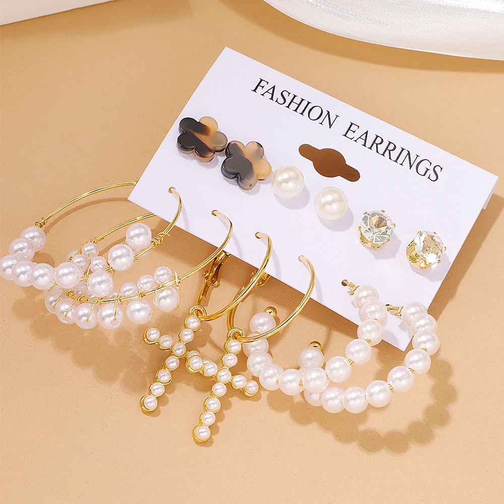 Alloy earrings 6 pairs delicate Imitation pearl design Retro elegant style Women Gifts