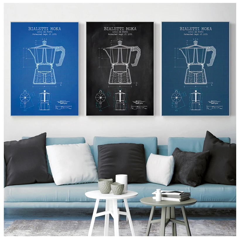 Caffettiera Brevetto Poster E Stampe Bialetti Moka Poster Coffee Blueprint Art Picture Canvas Painting Kitchen Wall Art Decor