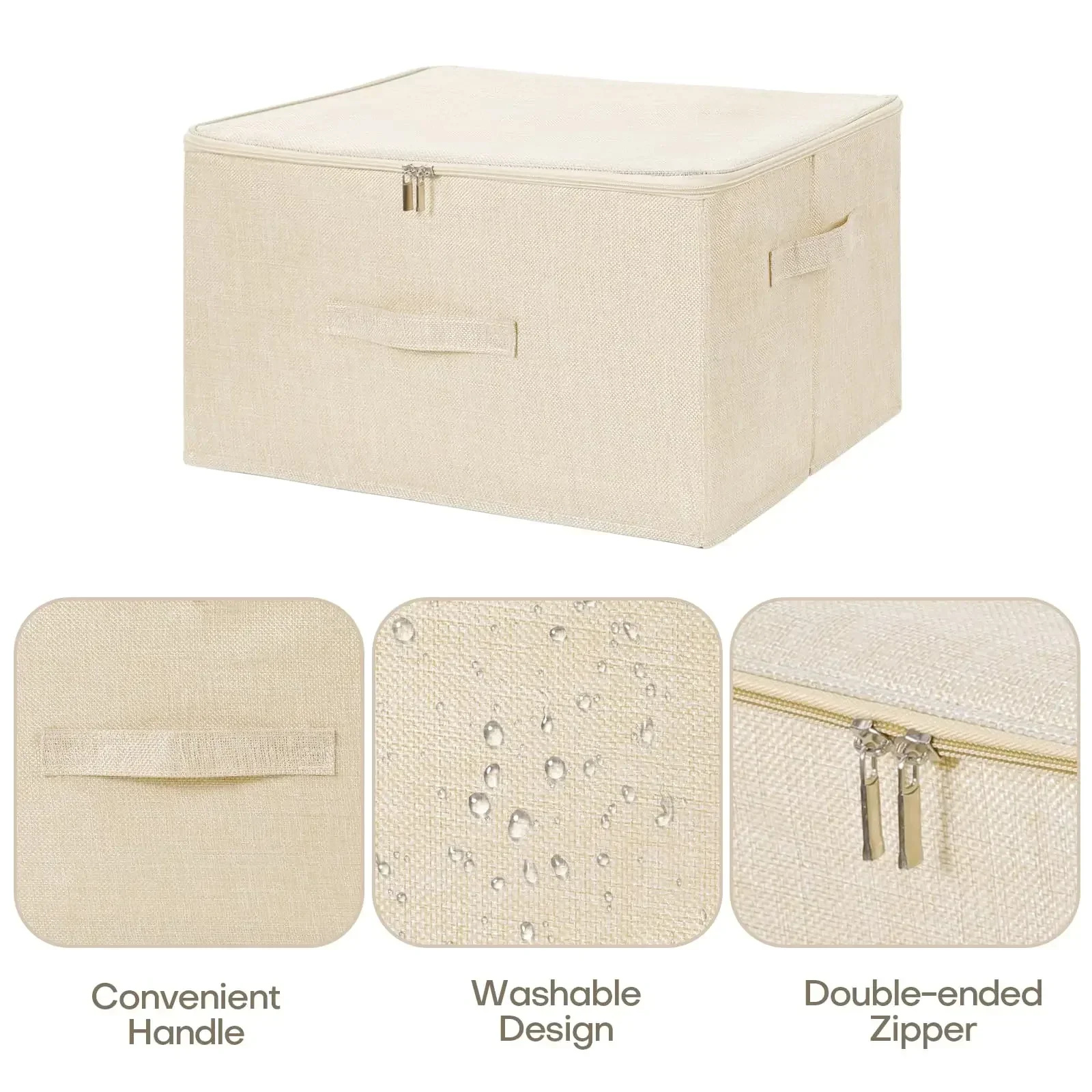 Clothes Storage Bins with Zipper Lid with Handles Foldable Lidded Cotton Linen Fabric Cube Basket Closet Organizer Container Box 2