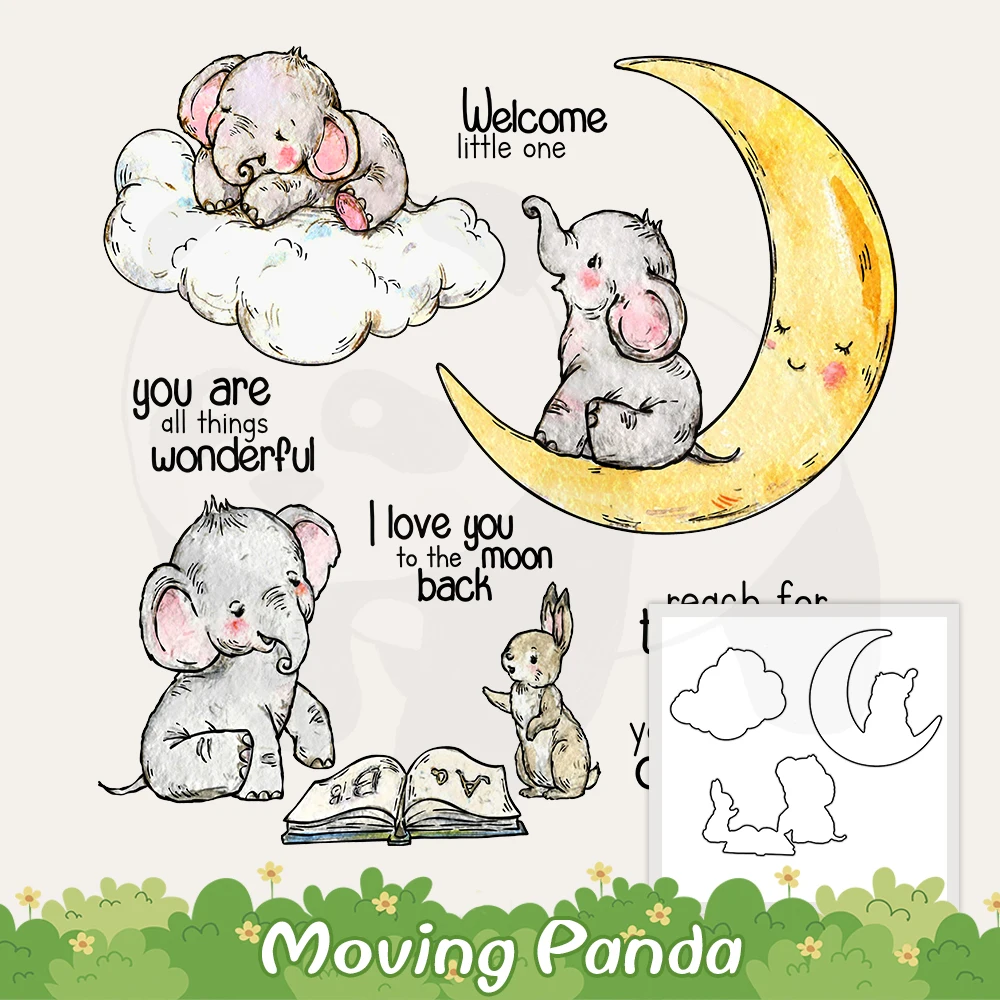 

Cute Sleeping Elephant On The Moon Clouds Clear Stamps Cutting Dies Scrapbooking DIY Metal Dies Silicone Stamps For Cards Crafts