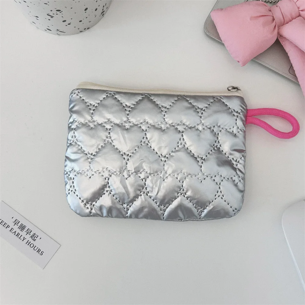 Silver Love Clutch Bag Cute Coin Bag Coin Purse Wallet Mini Makeup Bags Pouch Key Lipstick Earphone Data Cable Storage Bag