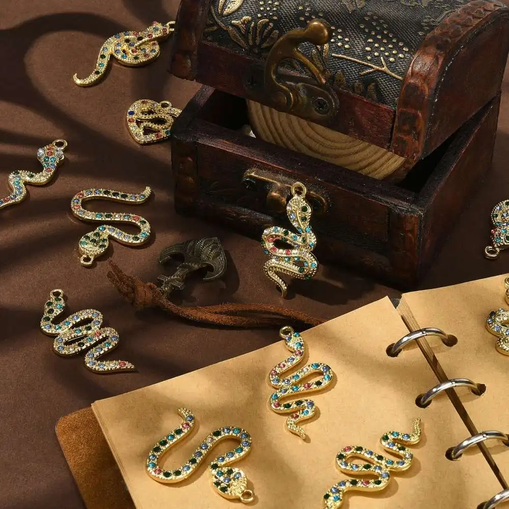 16 Pcs 8 Styles Stylish Rainbow Rhinestone Cobra Snake Charms LightGold Animal Charm for Necklace Bracelet Jewelry Making