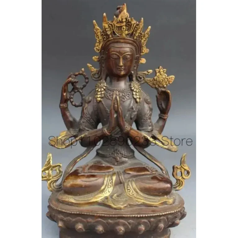 

Height 21cm /15cm Old Tibet Buddhism Bronze Gilt 4 Arms Chenrezig Buddha Avalokiteshvara Statue