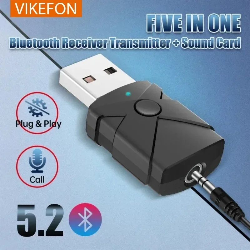 USB Bluetooth 5.2 Receiver Transmitter 5 in 1 Wireless Audio Adapter Sound Card 3.5mm Aux Music TV Computer Speaker
