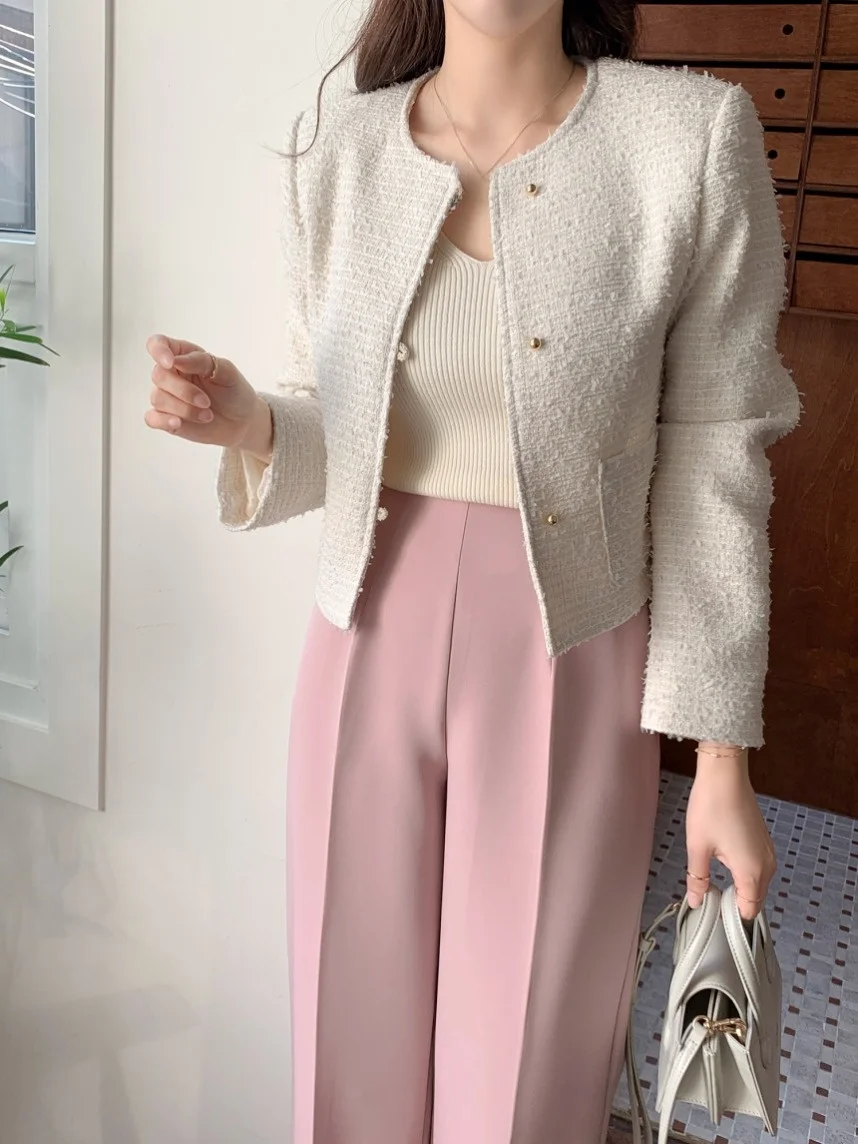 Chic ort Coarse Weave round Ne Metal Bule Women's Jaet Spring New Sle Commute Sle Medium Softn Other Fabric