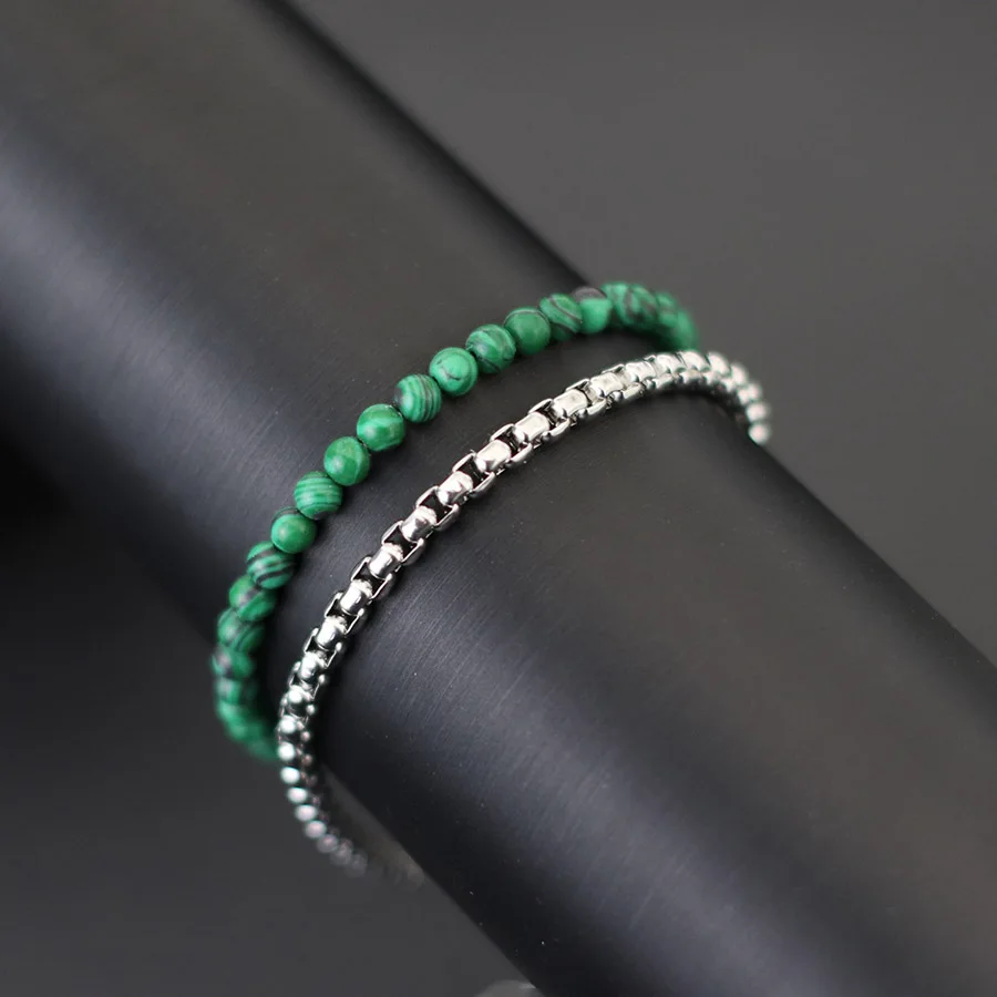 Men Stainless Steel Cuban Chain Bracelet Set Natural Stone