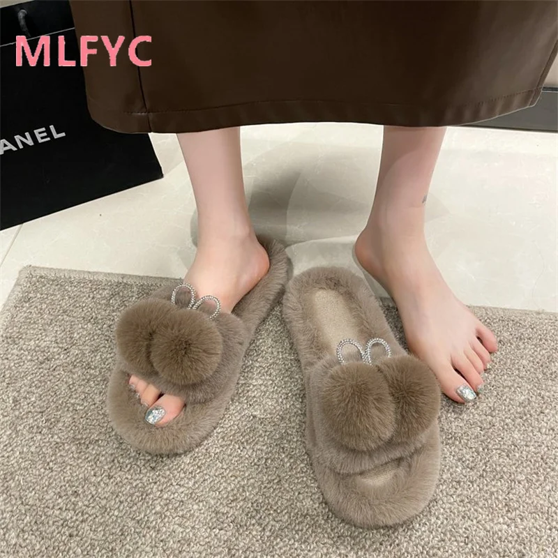 Online Red Plush Slippers for Women's Autumn and Winter 2023 New Water Diamond Warm Cotton Slippers Fashion Slippers