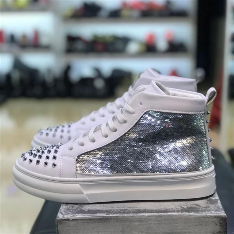 

New Design Men Casual Shoes Riveted Sequins Fashion High Top Shoes Outdoor Sneakers Sports Luxury Mens Loafers Zapatos Flats 3C
