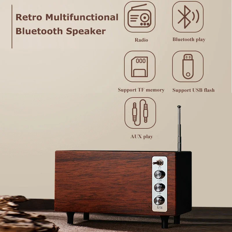 Portable Nostalgic Retro FM Radio Wooden Vintage Radio Receiver Wireless Subwoofer Bluetooth Speaker Sound Bar Supports TF Card