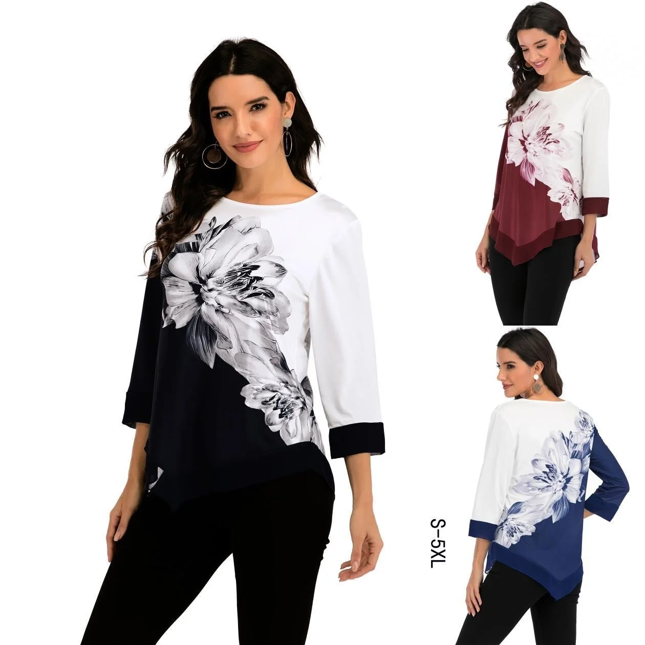 

Casual Women T-shirt Summer Spring Fashion Printed Patchwork Stretch Loose Shirt Women Clothes Irregular 2023 New Tops Clothes