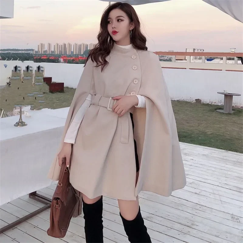2023 Autumn High Quality Woolen Cloth Shawl Cape Poncho With Belt Women Mid-length Korean Sleeveless Casual Ladies Cape Coats