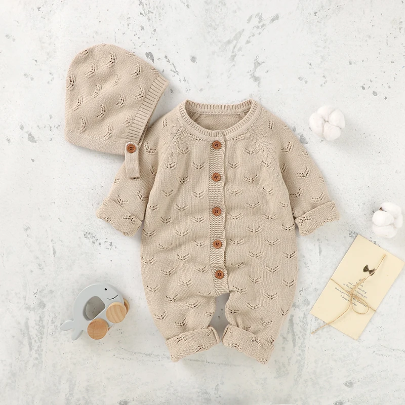 

Autumn Baby Romper Knit 100%Cotton Infant Kid Solid Ruffle Playsuit Hat 2PCS Clothing Newborn Girls Jumpsuit Outfits Long Sleeve