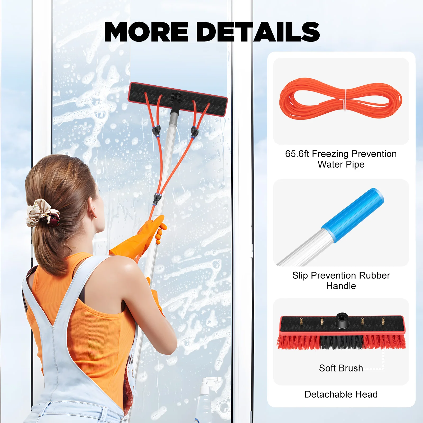 3-in-1 Window Cleaning Poles System Glass Wipping Tool Kit Dust Remover Rod with Extension Pole Water Fed