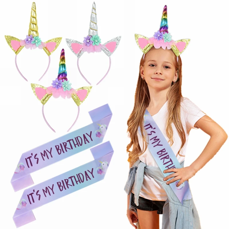 Unicorn Birthday Girl Headband Sash Satin Unicorn Horn Headband Party