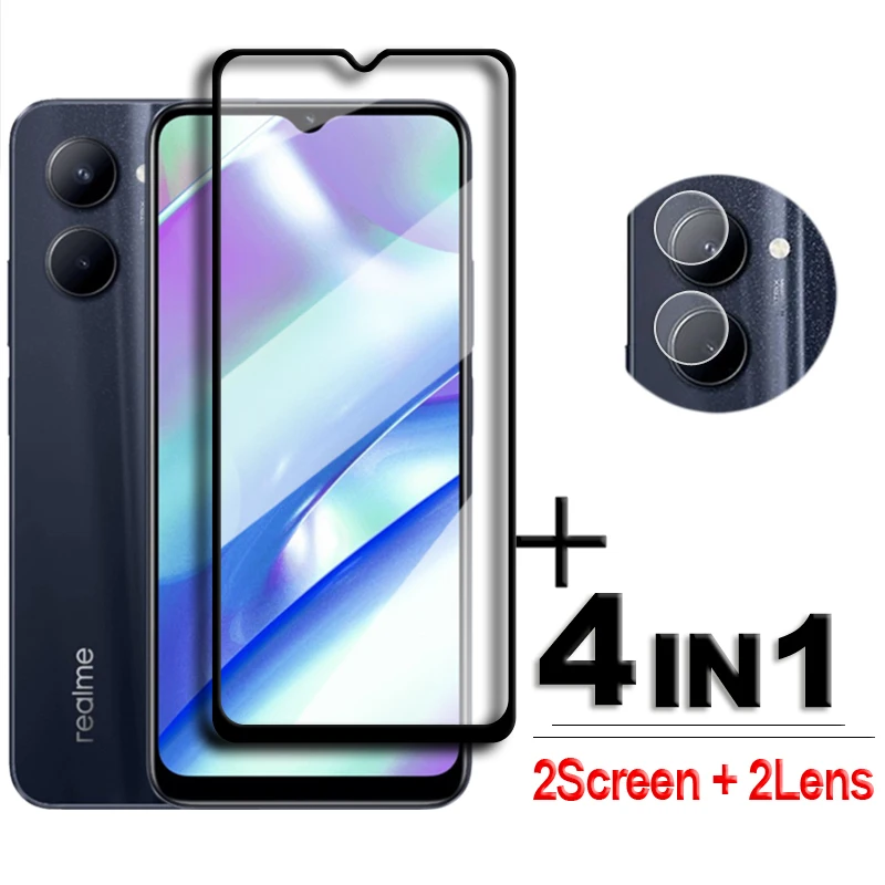 

4in1 For Realme C33 Glass For Realme C33 Tempered Glass 2.5D Full Cover Glue Screen Protector For Realme C33 Lens Film 6.5 inch