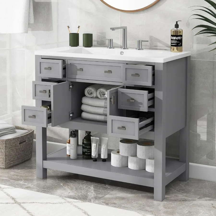 36'' Bathroom Vanity with Single Sink Combo Modern Bathroom Sink Cabinet with 2 Soft Closing Doors Solid Wood Frame Vanities 3