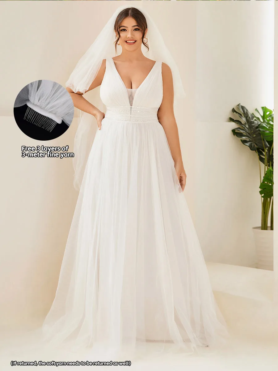 

Plus Wedding Dresses Deep V-neck Backless Sleeveless 2024 New Ever Pretty of Simple A-line silhouette Ivory Evening Dresses