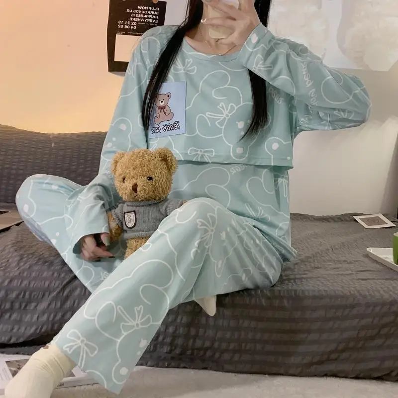 New Monthly Clothing 2-Piece Spring And Autumn Maternity Pajamas Summer Breastfeeding Suit Breastfeeding Pajamas Homewear 2